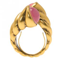 Pre Owned Oscar De La Renta Pink Cabochon Gold Tone Ring Size 54