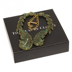 Pre Owned Oscar De La Renta Green Crystal Feather Necklace