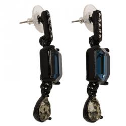 Pre Owned Oscar de la Renta Blue Crystal Black Drop Earrings