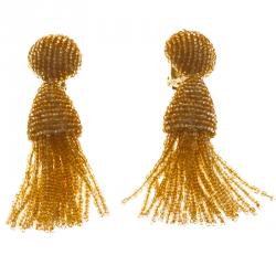 مملوكة مسبقًا Oscar de la Renta Orange Beaded Gold Tone Clip-on Tassel Earrings