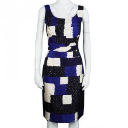 Pre Owned فستان أوسكار دي لارينتا أزرق طباعة رقع بلا أكمام L