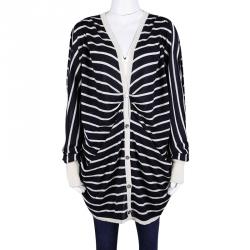 Pre Owned Oscar De La Renta Navy Blue and White Striped Oversized Cardigan L