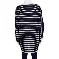 Pre Owned Oscar De La Renta Navy Blue and White Striped Oversized Cardigan L