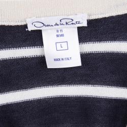 Pre Owned Oscar De La Renta Navy Blue and White Striped Oversized Cardigan L