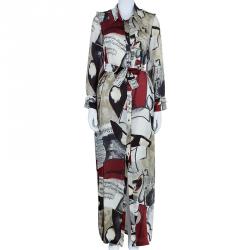 Pre Owned Oscar de la Renta Printed Silk Shirt Maxi Dress M