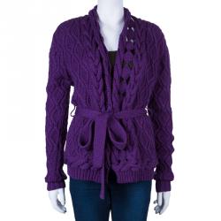 Pre Owned Oscar De La Renta Purple Cable Knit Wool Cardigan L