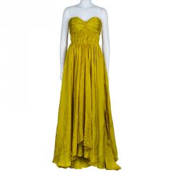 Oscar de la Renta Yellow Crushed Silk Strapless Gown S