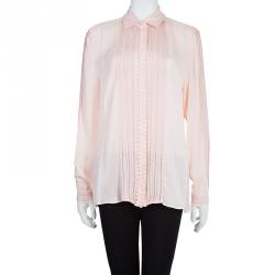 Pre Owned Oscar De La Renta Blush Pink Lace Insert Detail Pintucked Silk Shirt L