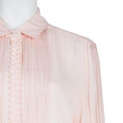 Pre Owned Oscar De La Renta Blush Pink Lace Insert Detail Pintucked Silk Shirt L