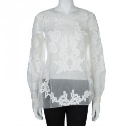 Pre Owned Oscar De La Renta White Sheer Floral Applique Top M