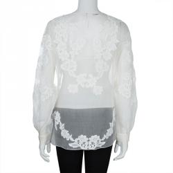Pre Owned Oscar De La Renta White Sheer Floral Applique Top M