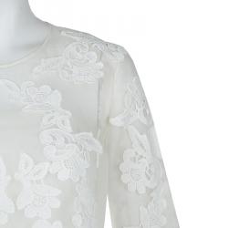 Pre Owned Oscar De La Renta White Sheer Floral Applique Top M