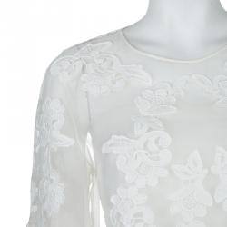 Pre Owned Oscar De La Renta White Sheer Floral Applique Top M