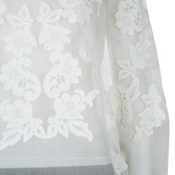 Pre Owned Oscar De La Renta White Sheer Floral Applique Top M