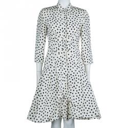 Pre Owned Oscar De La Renta Cream Silk Polka-Dotted Dress Coat M