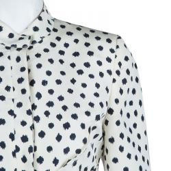 Pre Owned Oscar De La Renta Cream Silk Polka-Dotted Dress Coat M