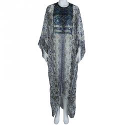 Pre Owned Oscar De La Renta Blue Floral Printed Silk Embellished Sheer Kaftan S