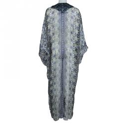 Pre Owned Oscar De La Renta Blue Floral Printed Silk Embellished Sheer Kaftan S