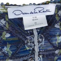 Pre Owned Oscar De La Renta Blue Floral Printed Silk Embellished Sheer Kaftan S