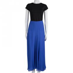 Pre Owned Oscar De La Renta Blue Silk Chiffon Flared Maxi Skirt M