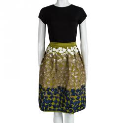 Pre Owned Oscar De La Renta Green Silk Sequin Embellished Embroidered Pleat Detail Skirt M