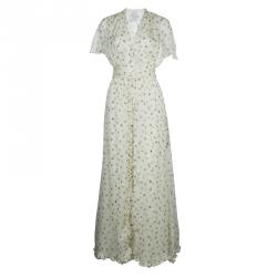 Paul and Joe Cream Silk Printed Ruffle Trim Gathered Maxi Dress S