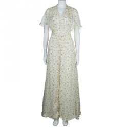 Paul and Joe Cream Silk Printed Ruffle Trim Gathered Maxi Dress S