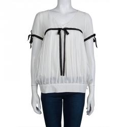 Paul and Joe White Silk Empire Line Short Sleeve Blouse L