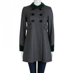 Paul and Joe Grey Contrast Velvet Trim Double Breasted Long Coat S