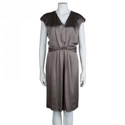 Paule Ka Olive Green Satin Buckle Detail Cap Sleeve Dress L