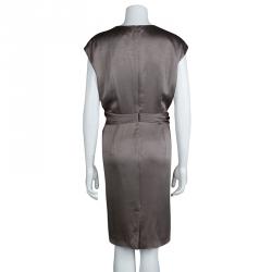 Paule Ka Olive Green Satin Buckle Detail Cap Sleeve Dress L