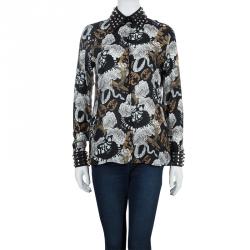 Pre Owned Philipp Plein Couture Printed Studded Collar Silk Shirt S