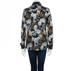 Pre Owned Philipp Plein Couture Printed Studded Collar Silk Shirt S