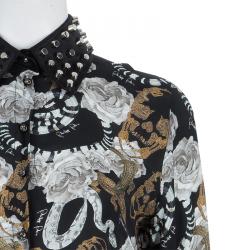 Pre Owned Philipp Plein Couture Printed Studded Collar Silk Shirt S