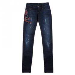 Pre Owned Philipp Plein Indigo Dark Wash Distressed Denim Tartan Skull Embellished Skinny Jeans S