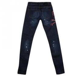 مملوكة مسبقًا Philipp Plein Indigo Dark Wash Distressed Denim Tartan Skull Embellished Skinny Jeans S