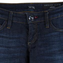 مملوكة مسبقًا Philipp Plein Indigo Dark Wash Distressed Denim Tartan Skull Embellished Skinny Jeans S