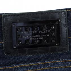 مملوكة مسبقًا Philipp Plein Indigo Dark Wash Distressed Denim Tartan Skull Embellished Skinny Jeans S