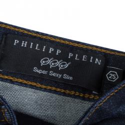 مملوكة مسبقًا Philipp Plein Indigo Dark Wash Distressed Denim Tartan Skull Embellished Skinny Jeans S