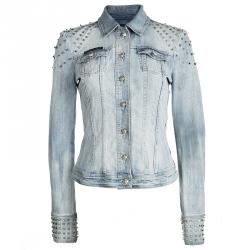 Philipp Plein Couture Indigo Light Wash Distressed Denim Studded Jacket M