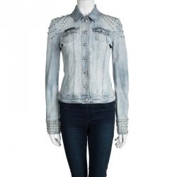 Philipp Plein Couture Indigo Light Wash Distressed Denim Studded Jacket M