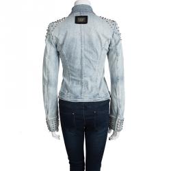 Philipp Plein Couture Indigo Light Wash Distressed Denim Studded Jacket M
