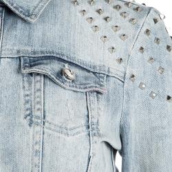 Philipp Plein Couture Indigo Light Wash Distressed Denim Studded Jacket M