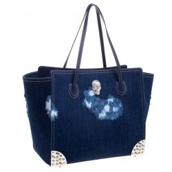Pre Owned Philipp Plein Blue Denim Skully Shopper Tote