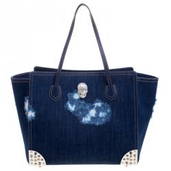Pre Owned Philipp Plein Blue Denim Skully Shopper Tote