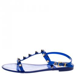 Pre Owned Philipp Plein Blue Studded Rubber T Strap Flat Sandals Size 38