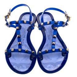 Pre Owned Philipp Plein Blue Studded Rubber T Strap Flat Sandals Size 38