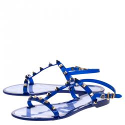 Pre Owned Philipp Plein Blue Studded Rubber T Strap Flat Sandals Size 38