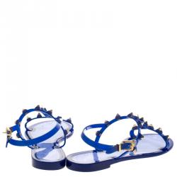 Pre Owned Philipp Plein Blue Studded Rubber T Strap Flat Sandals Size 38
