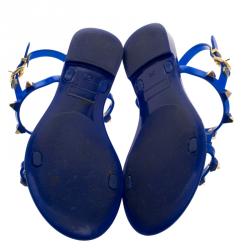 Pre Owned Philipp Plein Blue Studded Rubber T Strap Flat Sandals Size 38
